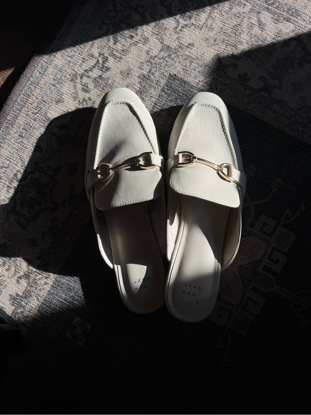 a new day White Leather Slip-On Loafer Sandals with Gold Bit